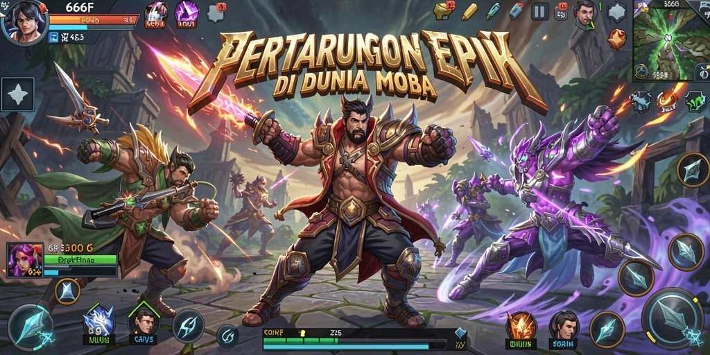 Gambaran gameplay menarik dalam pertempuran MOBA 666F.