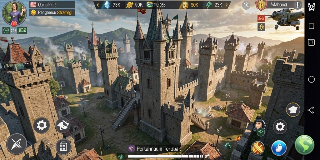 Tangkapan layar gameplay menegangkan dari 73K yang menampilkan pertahanan menara.