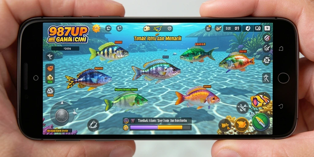 Screenshot gameplay ikonik 987UP dengan aksi menembak ikan.