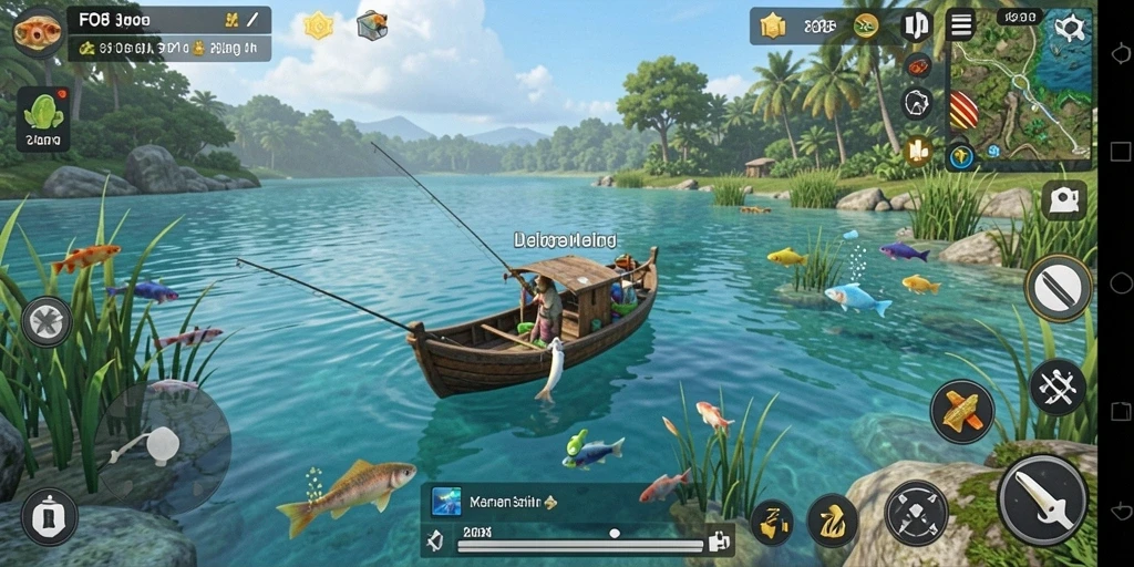 Screenshot gameplay FO8 menampilkan pengalaman memancing yang seru.