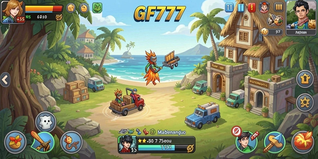 Screenshot gameplay GF777 menampilkan karakter yang sedang mengumpulkan sumber daya.