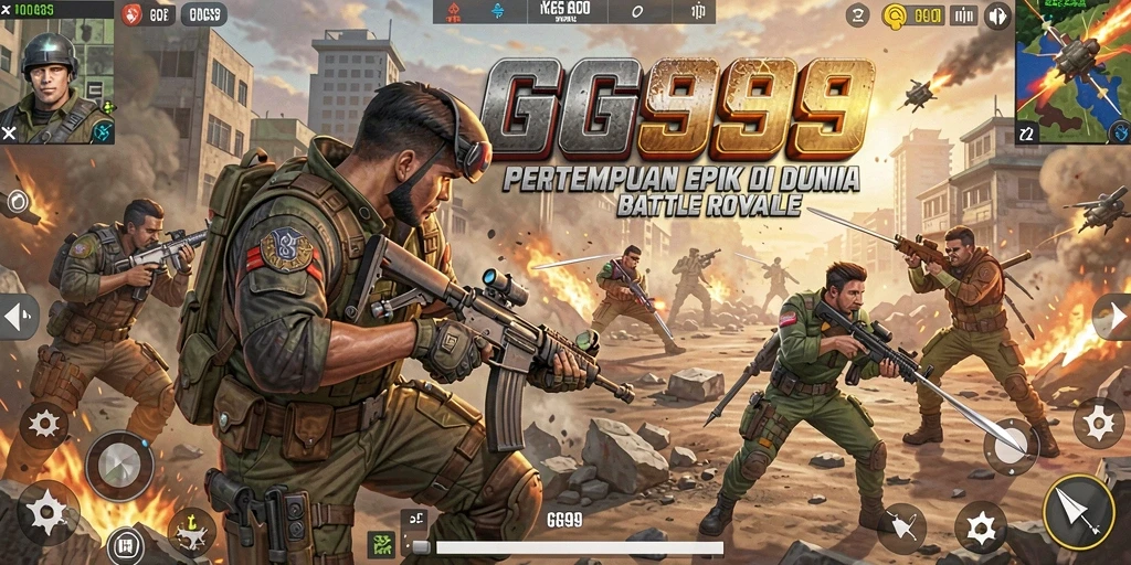 Screenshot gameplay GG999 menampilkan pertempuran yang intens di arena Battle Royale.