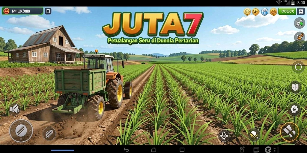 Screenshot gameplay JUTA7 yang menunjukkan kebun yang subur dan hewan ternak.