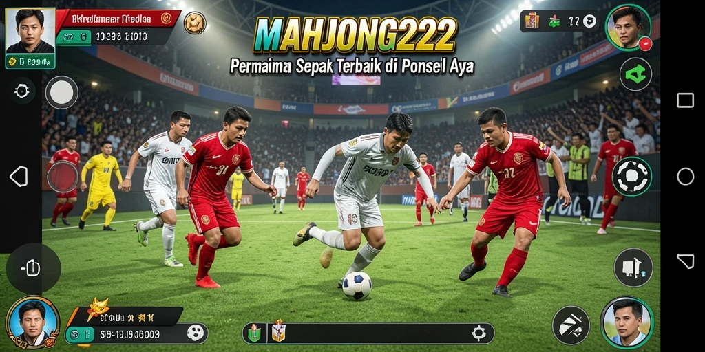 Screenshot gameplay <strong>MAHJONG222</strong> dengan aksi sepak bola yang menegangkan.