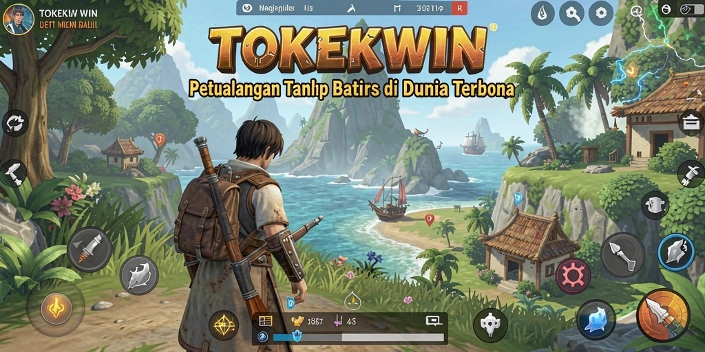 Screenshot menunjukkan karakter menjelajahi dunia terbuka yang luas dan penuh warna.