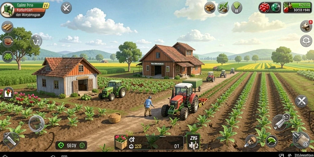 Tangkapan layar gameplay ZK9 yang menampilkan ladang pertanian yang subur.